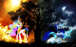 Size: 1024x640 | Tagged: safe, artist:brushiball546, artist:larsurus, princess celestia, princess luna, alicorn, pony, armor, moon, stars, sun, tree, weapon