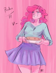 Size: 1280x1652 | Tagged: safe, artist:demdoodles, pinkie pie, human, clothes, humanized, pie, pun, skirt, solo