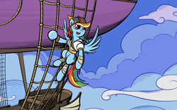 Size: 1920x1200 | Tagged: safe, artist:sirvalter, derpibooru import, rainbow dash, pegasus, pony, airship, alternate hairstyle, clothes, female, goggles, mare, pirate, pirate dash, sky pirate, smiling, solo