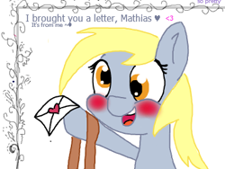 Size: 384x289 | Tagged: safe, artist:lockheart, derpy hooves, bag, blushing, cute, flockmod, letter, mailbag, solo, text