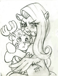 Size: 922x1200 | Tagged: safe, artist:irie-mangastudios, fluttershy, pegasus, pony, choppershy, crossover, crossover shipping, female, hug, interspecies, male, monochrome, one piece, pencil drawing, snorting, straight, the stare, tony tony chopper