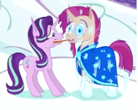 Size: 195x155 | Tagged: safe, artist:klystron2010, starlight glimmer, sunburst, pony, unicorn, cropped, female, frozen, implied kiss, male, picture for breezies, shipping, starburst, straight, tongue out, tongue stuck to pole, youtube link