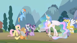 Size: 1280x720 | Tagged: safe, derpibooru import, screencap, applejack, fluttershy, princess celestia, rainbow dash, rarity, twilight sparkle, alicorn, earth pony, parasprite, pegasus, pony, unicorn, swarm of the century, female, male, mare, mountain, royal guard, stallion, tree