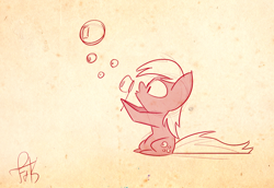 Size: 1024x705 | Tagged: safe, artist:fluttershythekind, derpy hooves, pegasus, pony, blowing bubbles, bubble, female, mare, solo