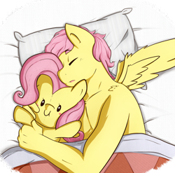 Size: 1580x1558 | Tagged: safe, artist:nolycs, butterscotch, fluttershy, anthro, bare chest, bed, clothes, female, flutterscotch, male, plushie, rule 63, self ponidox, selfcest, shipping, sleeping, solo, straight, topless