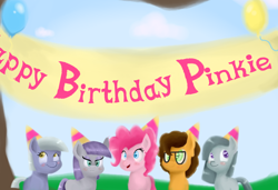 Size: 3000x2050 | Tagged: safe, artist:thederpycat, cheese sandwich, limestone pie, marble pie, maud pie, pinkie pie, earth pony, pony, birthday, happy birthday, hat, party hat, pie sisters