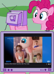 Size: 562x772 | Tagged: safe, pinkie pie, earth pony, pony, cake, exploitable meme, meme, news, obligatory pony, tv meme