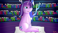 Size: 6096x3429 | Tagged: safe, artist:exxticcy, starlight glimmer, pony, book, female, fluffy, pillow, sitting, solo