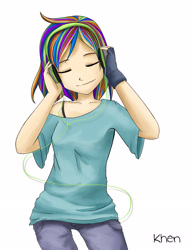 Size: 1275x1650 | Tagged: safe, artist:kprovido, derpibooru import, rainbow dash, human, barely pony related, clothes, fingerless gloves, gloves, headphones, humanized, solo