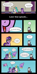 Size: 1069x2117 | Tagged: safe, artist:haretrinity, chancellor neighsay, princess celestia, starlight glimmer, twilight sparkle, twilight sparkle (alicorn), alicorn, pony, school daze, comic, female, glowing horn, magic, male, mare, speech bubble, stallion, sunglasses, telekinesis