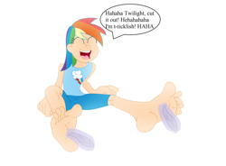 Size: 1042x766 | Tagged: safe, artist:java-mocha, derpibooru import, rainbow dash, human, cute, cutie mark clothes, feather, feet, humanized, laughing, magic aura, tickling