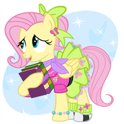 Size: 1000x1000 | Tagged: safe, artist:pixelkitties, fluttershy, pegasus, pony, 1950s, 50's fashion, alternate hairstyle, book, bracelet, braces, clothes, cute, fashion, ponytail, saddle shoes, scarf, shoes, shyabetes, simple background, skirt, sneakers, solo, transparent background