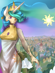 Size: 619x817 | Tagged: safe, artist:rabidpanda7, princess celestia, human, clothes, dress, humanized, solo, sun