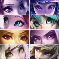 Size: 1173x1173 | Tagged: safe, artist:imdrunkontea, adagio dazzle, aria blaze, pinkie pie, starlight glimmer, twilight sparkle, equestria girls, eye, eyelashes, eyememe, eyes, eyeshadow, female, glare, hatsune miku, lidded eyes, lillie, link, looking at you, makeup, male, pokémon, raised eyebrow, sideways glance, the legend of zelda