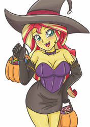 Size: 2480x3507 | Tagged: safe, artist:sumin6301, sunset shimmer, equestria girls, bare shoulders, basket, blushing, breasts, candy, cleavage, clothes, cute, evening gloves, female, food, gloves, halloween, halloween costume, hand on hip, hat, holiday, long gloves, miniskirt, open mouth, pumpkin, pumpkin bucket, shimmerbetes, simple background, skirt, solo, strapless, tim tam, white background, witch, witch hat