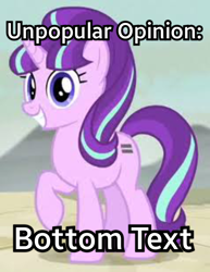 Size: 1024x1324 | Tagged: safe, starlight glimmer, pony, unicorn, abuse, bottom text, caption, glimmerbuse, image macro, meme, meta, s5 starlight