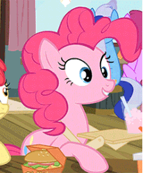 Size: 223x270 | Tagged: safe, screencap, apple bloom, berry punch, berryshine, minuette, pinkie pie, earth pony, pony, twilight time, animated, burger, cute, diapinkes, female, food, grin, hay burger, head tilt, mare, smiling