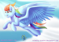 Size: 1050x750 | Tagged: safe, artist:calamity-studios, derpibooru import, rainbow dash, pegasus, pony, cloud, female, flying, mare, sky, solo