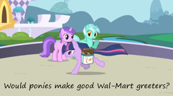 Size: 1013x566 | Tagged: safe, derpibooru import, edit, edited screencap, screencap, amethyst star, lyra heartstrings, sparkler, twilight sparkle, friendship is magic, book, greeting, greetings, insane pony thread, running, tumblr, walmart, waving