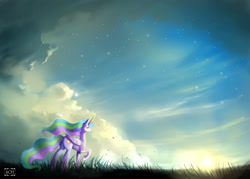 Size: 1400x1000 | Tagged: safe, artist:scheadar, princess celestia, alicorn, pony, beautiful, dawn, eyes closed, magic, raised hoof, scenery, solo, sun work, sunrise, twilight (astronomy)