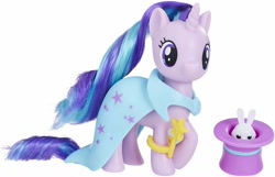 Size: 1500x964 | Tagged: safe, angel bunny, starlight glimmer, pony, unicorn, brushable, cape, clothes, implied trixie, magic wand, magician outfit, toy