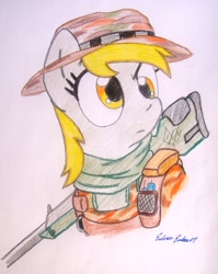 Size: 912x1144 | Tagged: safe, artist:silversimba01, derpy hooves, pegasus, pony, battlefield, bust, clothes, female, frown, gun, hat, mare, recon, rifle, scarf, serious, serious face, simple background, solo, traditional art, uniform, weapon, white background