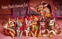 Size: 1024x644 | Tagged: safe, artist:inuhoshi-to-darkpen, derpibooru import, applejack, discord, fluttershy, pinkie pie, rainbow dash, rarity, spike, twilight sparkle, twilight sparkle (alicorn), alicorn, dragon, earth pony, pegasus, pony, unicorn, book, clothes, cuddling, female, fluffy, heart, hug, licking lips, mane seven, mane six, mare, mug, open mouth, prehensile tail, prone, scarf, smiling, snuggling, unshorn fetlocks