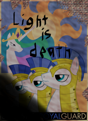 Size: 582x800 | Tagged: safe, artist:equestria-election, artist:majorrains, edit, princess celestia, alicorn, pony, royal guard, vandalism