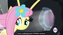 Size: 633x350 | Tagged: safe, screencap, fluttershy, breezie, it ain't easy being breezies, breeziefied, christianity, flutterbreez, hub logo, meme, religion, solo, species swap, youtube caption