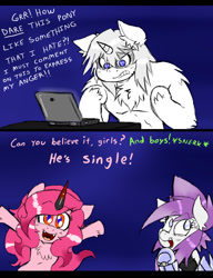 Size: 920x1200 | Tagged: safe, artist:ichibangravity, king sombra, pinkie pie, oc, earth pony, pony, unicorn, ask king sombra pie, chest fluff, computer, ear fluff, laptop computer, makel blanco, possessed, rae mix, unshorn fetlocks