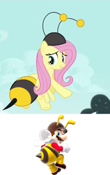 Size: 819x1300 | Tagged: safe, fluttershy, bee, pegasus, pony, it ain't easy being breezies, animal costume, bee costume, clothes, comparison, costume, flutterbee, mario, super mario bros., super mario galaxy