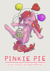 Size: 992x1403 | Tagged: safe, artist:kuang-han, pinkie pie, earth pony, pony, balloon, cake, pixiv, solo