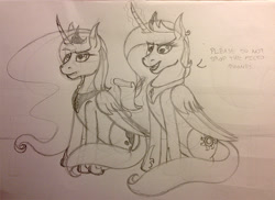 Size: 750x546 | Tagged: safe, artist:midnightsix3, princess celestia, princess luna, equestria girls, rainbow rocks, dialogue, lunadoodle, magic, monochrome, pencil drawing, quill, scene interpretation, scroll, sitting, sketch, traditional art