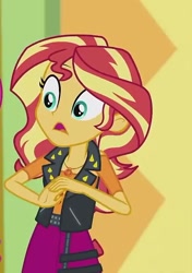 Size: 476x676 | Tagged: safe, screencap, sunset shimmer, a fine line, better together, equestria girls, clothes, cropped, female, geode of empathy, jacket, leather jacket, magical geodes, skirt, solo