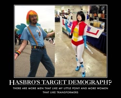 Size: 659x532 | Tagged: safe, derpibooru import, rainbow dash, human, brony, clash of hasbro's titans, cosplay, demotivational poster, fan, fanboy, fangirl, hasbro, irl, meme, photo, starscream, transformers