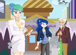 Size: 1024x745 | Tagged: safe, artist:teammagix, discord, princess celestia, princess luna, human, business suit, humanized