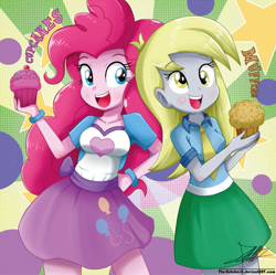 Size: 1039x1036 | Tagged: safe, artist:the-butch-x, derpy hooves, pinkie pie, equestria girls, blushing, clothes, cupcake, cupcakes vs muffins, cute, diapinkes, female, food, green skirt, hand on hip, long hair, muffin, necktie, open mouth, shirt, signature, skirt, sunburst background