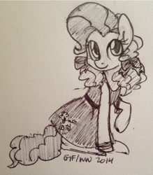 Size: 862x985 | Tagged: safe, artist:grayflower, pinkie pie, earth pony, pony, clothes, dress, grayscale, monochrome, solo, traditional art