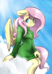 Size: 1280x1810 | Tagged: safe, artist:lizzyoli-ravioli, fluttershy, anthro, clothes, cloud, smiling, solo, sweater, sweatershy