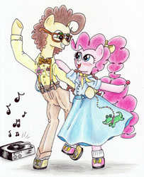 Size: 2204x2720 | Tagged: safe, artist:oriwhitedeer, cheese sandwich, pinkie pie, pony, bipedal, cheesepie, clothes, dancing, dress, female, male, music, shipping, straight, traditional art