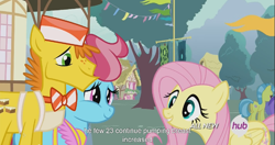 Size: 1153x609 | Tagged: safe, screencap, carrot cake, cup cake, fluttershy, pegasus, pony, it ain't easy being breezies, hub logo, meme, youtube caption