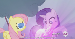 Size: 1152x609 | Tagged: safe, screencap, fluttershy, rarity, pegasus, pony, unicorn, it ain't easy being breezies, hub logo, meme, youtube caption