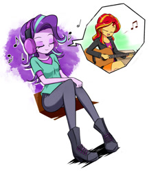 Size: 729x781 | Tagged: safe, artist:twilite-sparkleplz, edit, starlight glimmer, sunset shimmer, equestria girls, cute, duo, eyes closed, headphones, listening