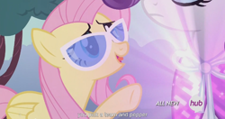 Size: 1152x609 | Tagged: safe, screencap, fluttershy, rarity, pegasus, pony, unicorn, it ain't easy being breezies, hub logo, meme, youtube caption