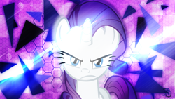 Size: 2560x1440 | Tagged: safe, artist:antylavx, artist:theflutterknight, rarity, pony, unicorn, angry, it is on, kubrick stare, lens flare, looking at you, triangle, vector, wallpaper