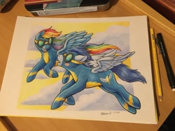 Size: 1200x900 | Tagged: safe, artist:melanee wood, artist:raynesgem, derpibooru import, rainbow dash, soarin', blushing, clothes, cloud, female, goggles, male, meta, shipping, soarindash, straight, traditional art, twitter, uniform, wonderbolts uniform