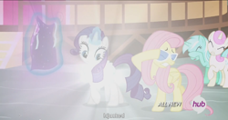 Size: 1152x610 | Tagged: safe, screencap, fluttershy, lyra heartstrings, rarity, pegasus, pony, unicorn, it ain't easy being breezies, hub logo, meme, youtube caption