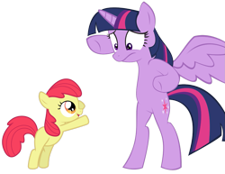 Size: 1587x1226 | Tagged: safe, derpibooru import, apple bloom, twilight sparkle, twilight sparkle (alicorn), alicorn, pony, female, hug, mare, missing accessory, simple background, transparent background, vector