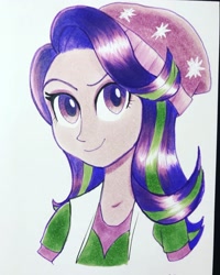 Size: 1638x2048 | Tagged: safe, artist:cameronkieffer, starlight glimmer, equestria girls, beanie, bust, hat, light skin, portrait, smiling, solo, traditional art