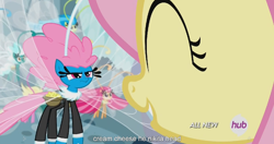 Size: 1152x609 | Tagged: safe, screencap, fluttershy, seabreeze, breezie, pegasus, pony, it ain't easy being breezies, hub logo, meme, youtube caption